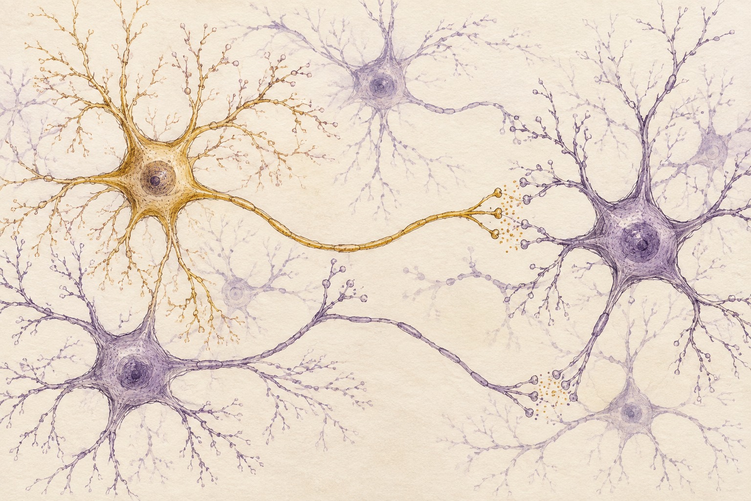 A conceptual ink study shows branching lavender neurons, with one gold axon reaching toward another cell across small gaps.