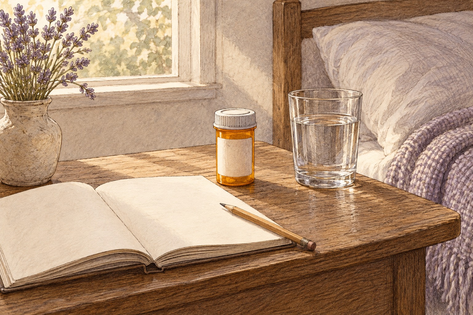 A closed amber medication bottle, a glass of water and a blank notebook sit beside a bed in soft daylight.