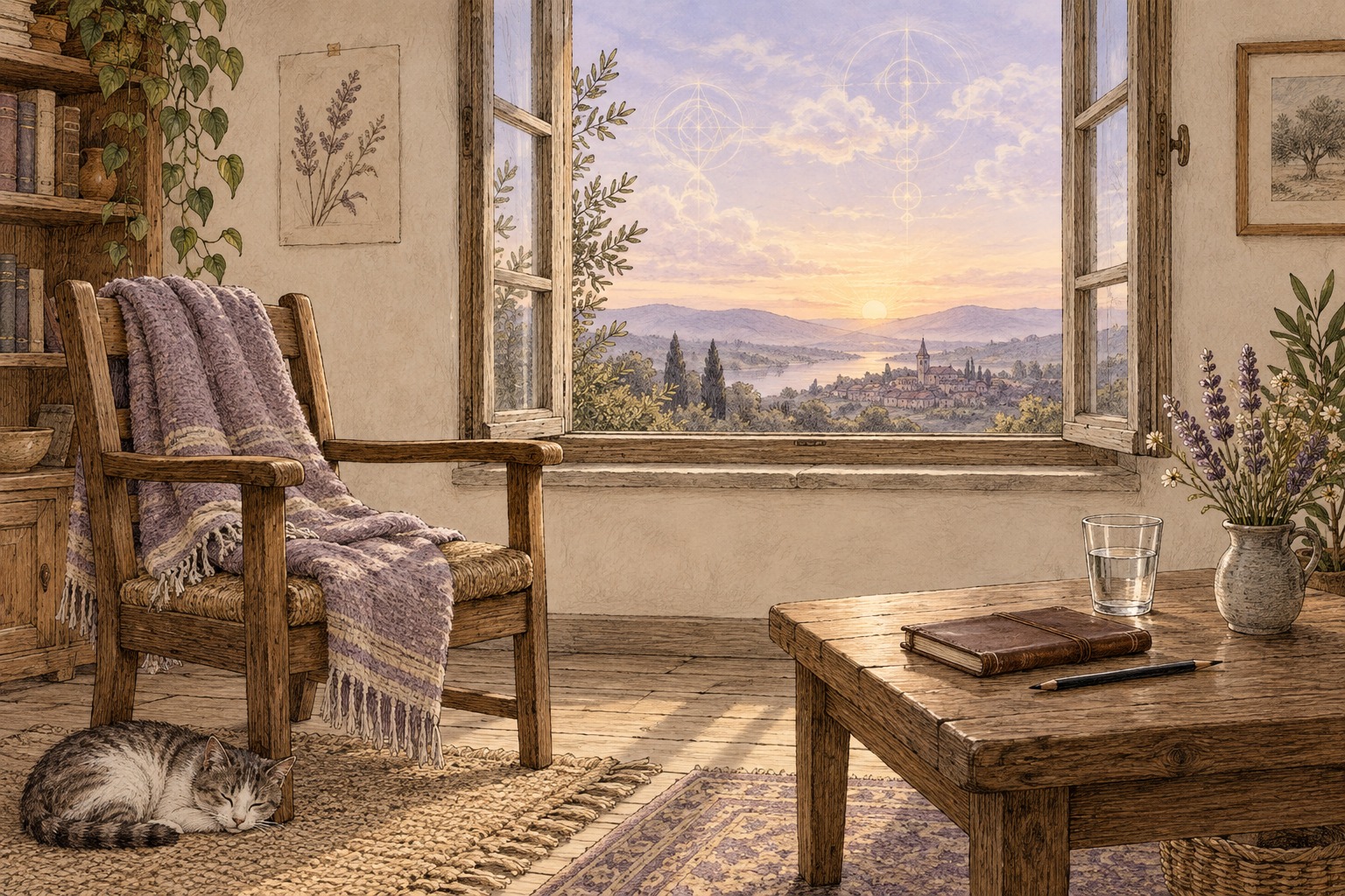A chair, blanket, water and closed journal occupy a quiet room; faint geometric traces remain in the dawn sky beyond an open window.