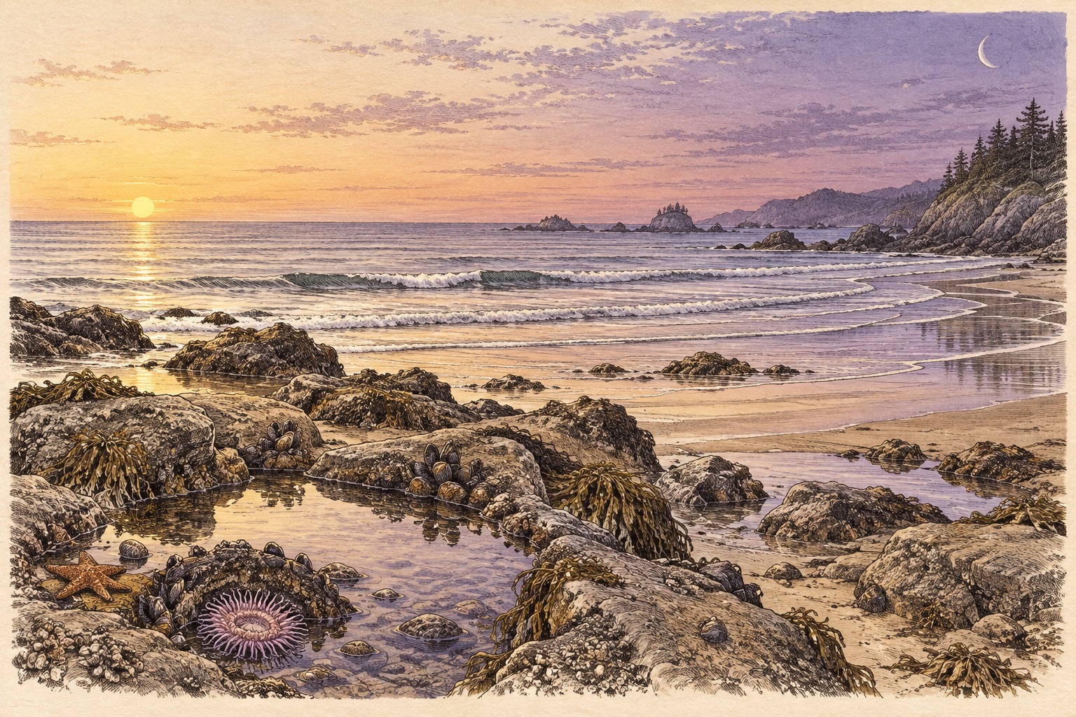 Tide pools and successive waterlines lie beneath a sky that shifts from warm sunlight to violet moonlight.