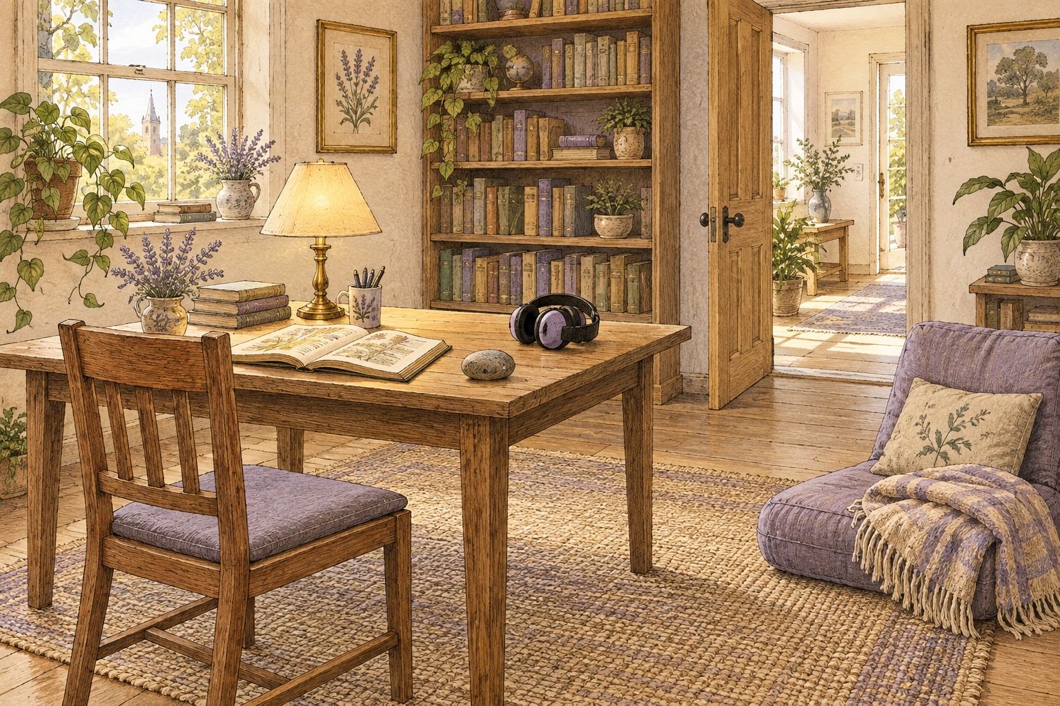 A reading room offers an upright chair, a low cushioned seat, hearing protectors, a tactile stone, soft lighting and an open doorway.