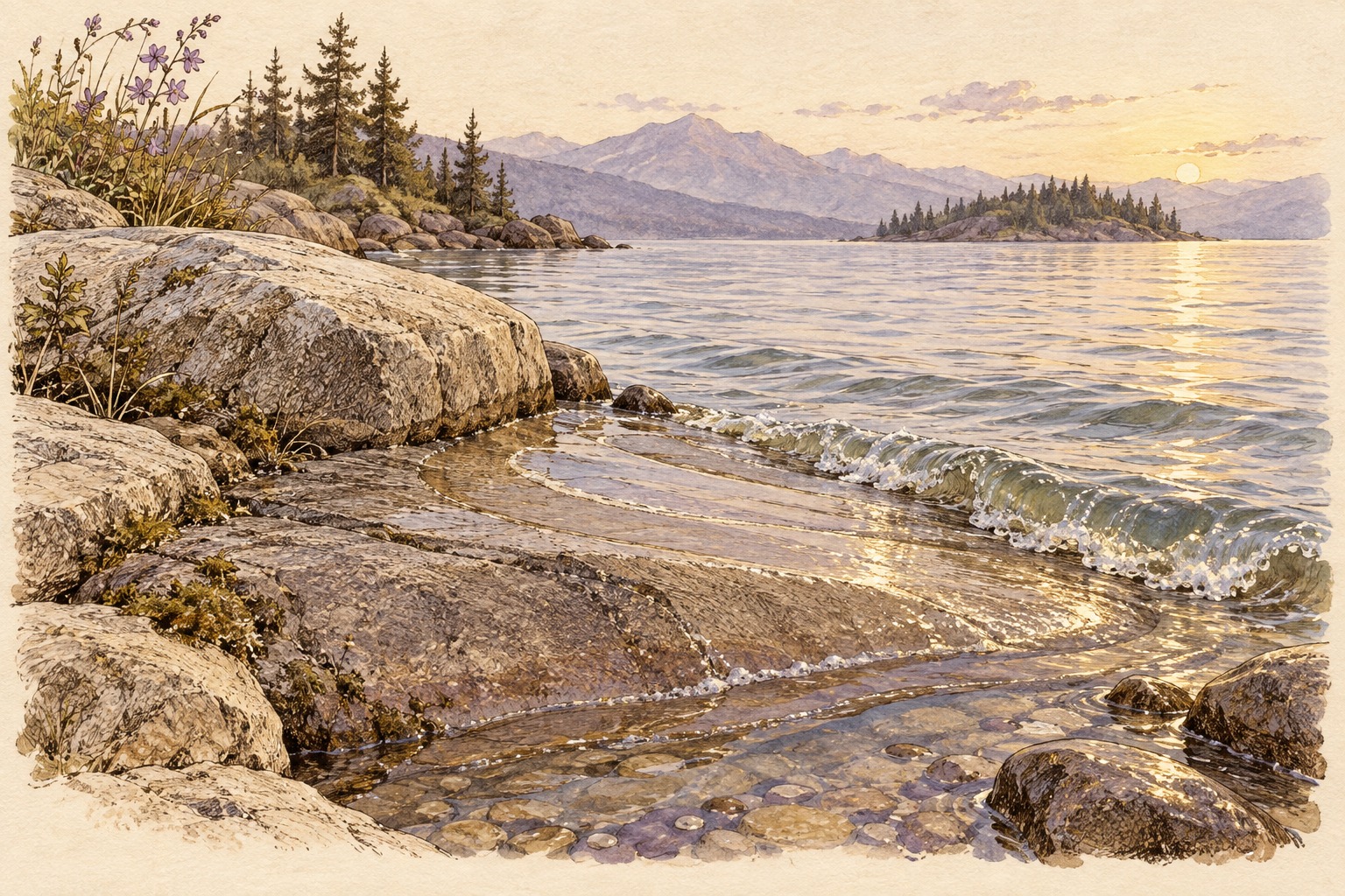 Small waves reach a shallow stone ledge beside dry rocks, leaving curved wet traces as the water recedes.