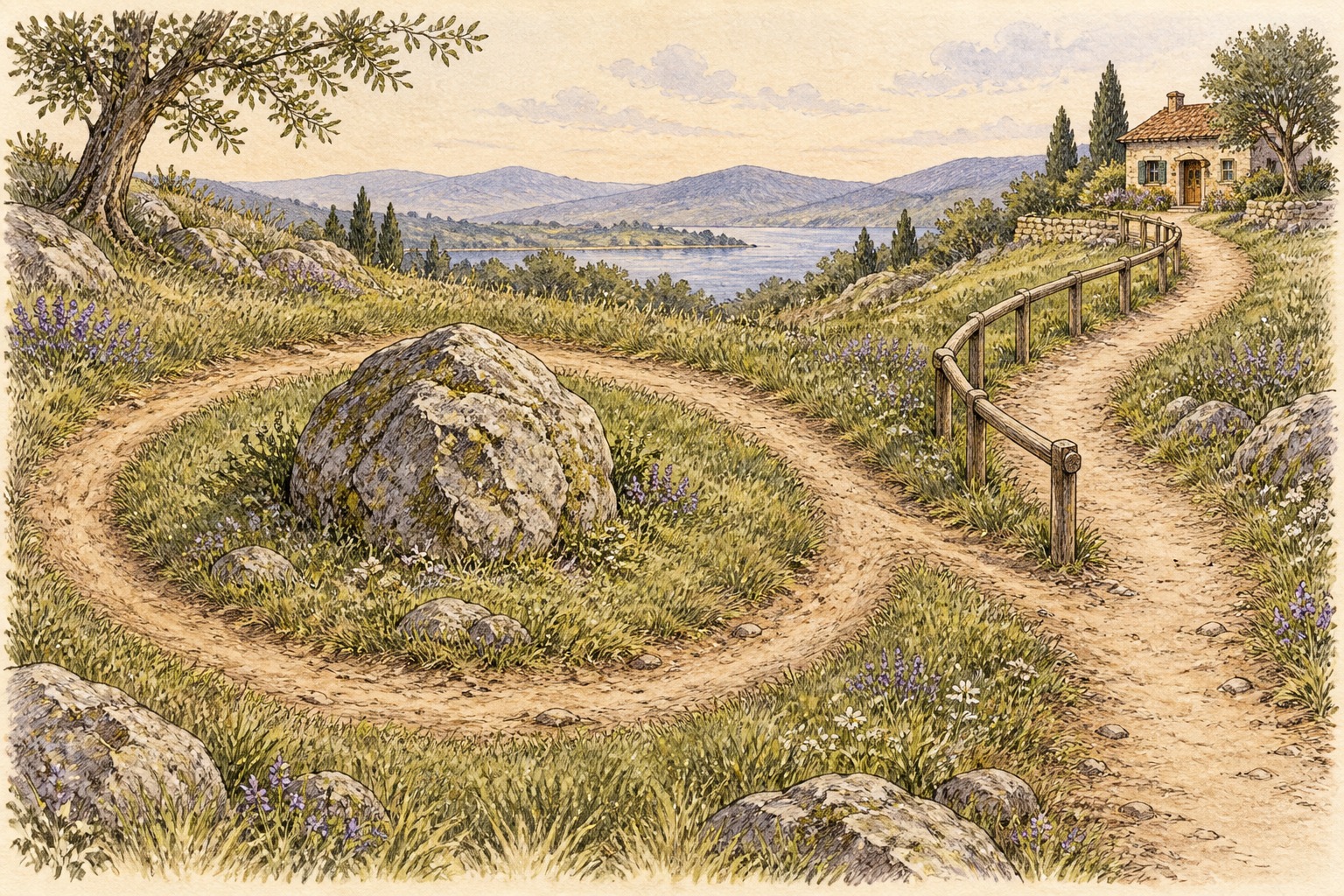 A worn circular path around a stone branches toward a house along a route with a wooden handrail.