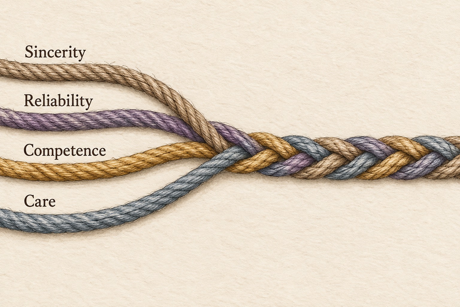 Four cords labelled Sincerity, Reliability, Competence and Care begin separately in sepia, purple, gold and blue-grey, then braid into one rope.