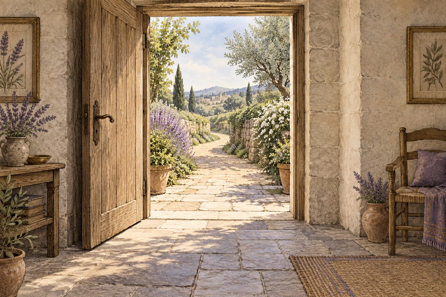 A fully open wooden door leads from a quiet room onto a sunlit garden path, with the passage clear and a chair set to one side.