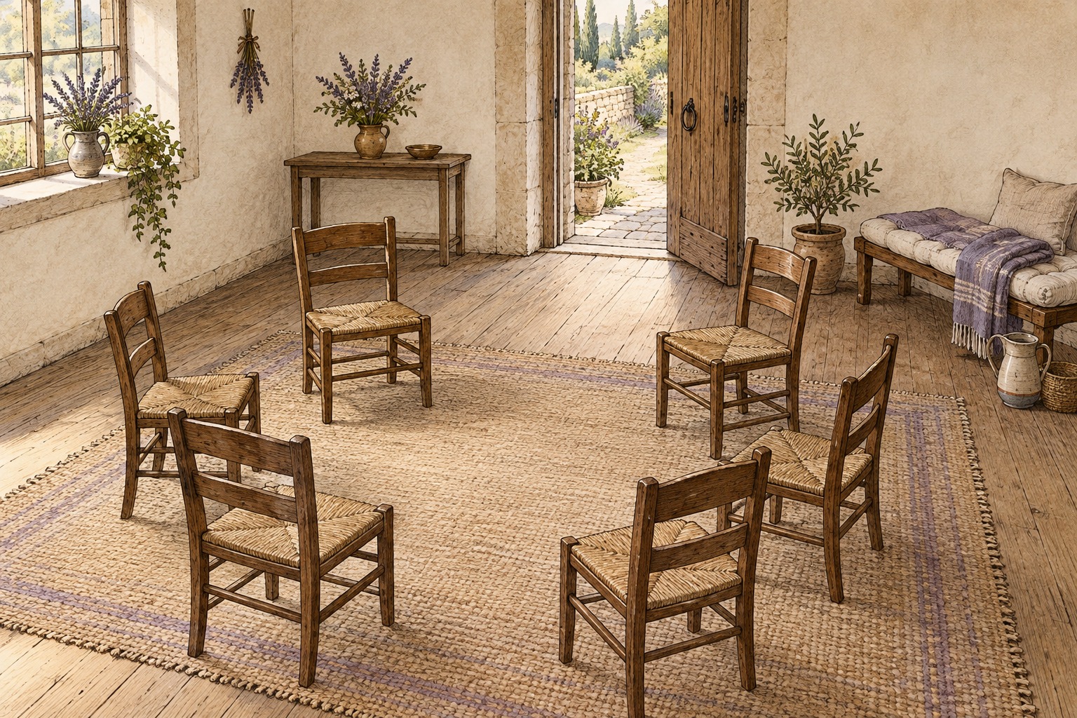 Six chairs form an open circle on one level, with a clear gap toward an open door and a separate cushioned bench beside water and a blanket.