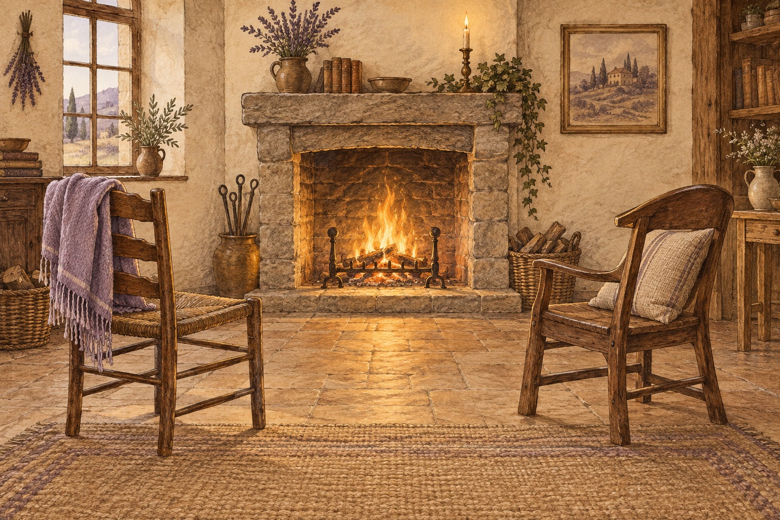 Two different wooden chairs face a small stone hearth, with an open space between them and a gentle fire held inside it.