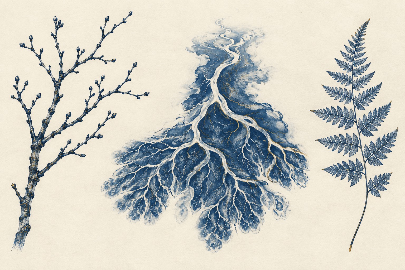 A twig, a river delta and a fern show distinct branching patterns in an indigo-and-ivory study.