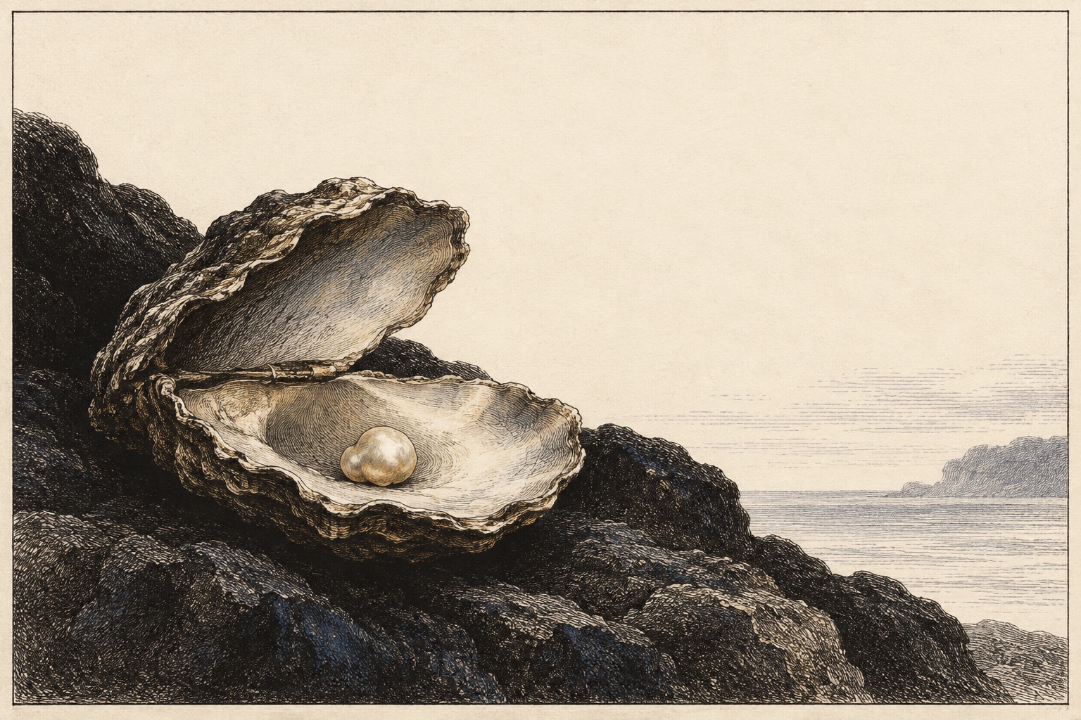 A single pearl in a weathered shell rests on dark stone beside the sea.