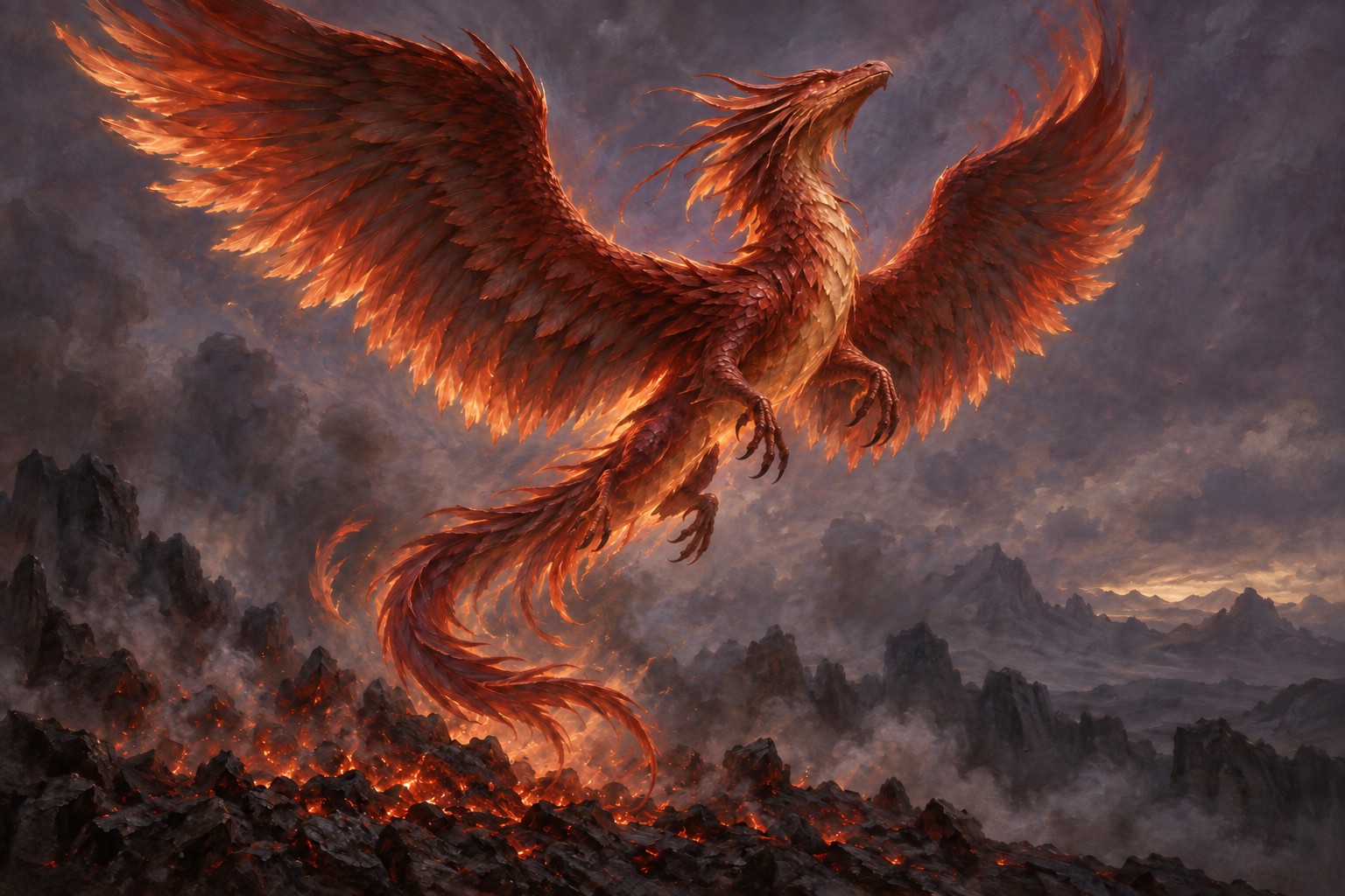A phoenix-like Dragon rises from cooling embers, copper wings opening against a violet sky.
