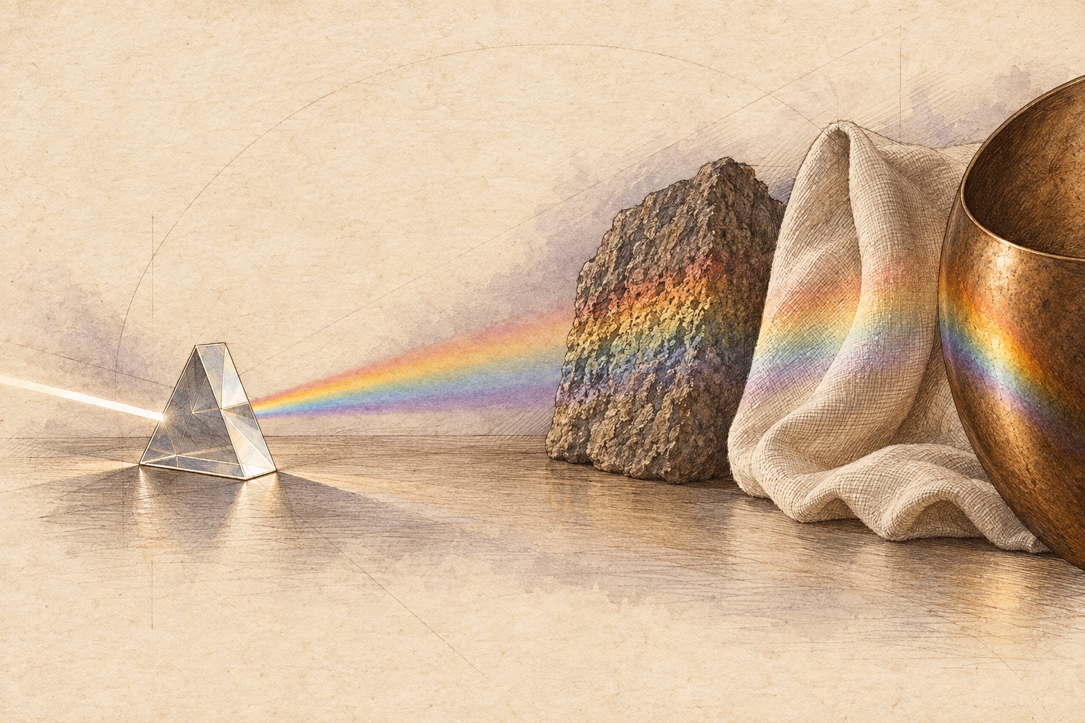 In a sepia ink and watercolor study on ivory paper, light passes through a glass prism and lands differently on rough stone, folded linen and curved bronze.