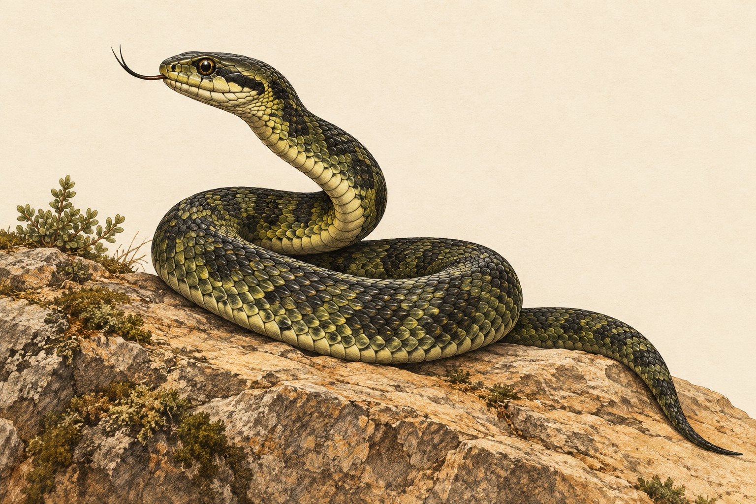 An alert green-and-gold serpent rests in a clear coil on warm stone, tasting the air with its tongue.