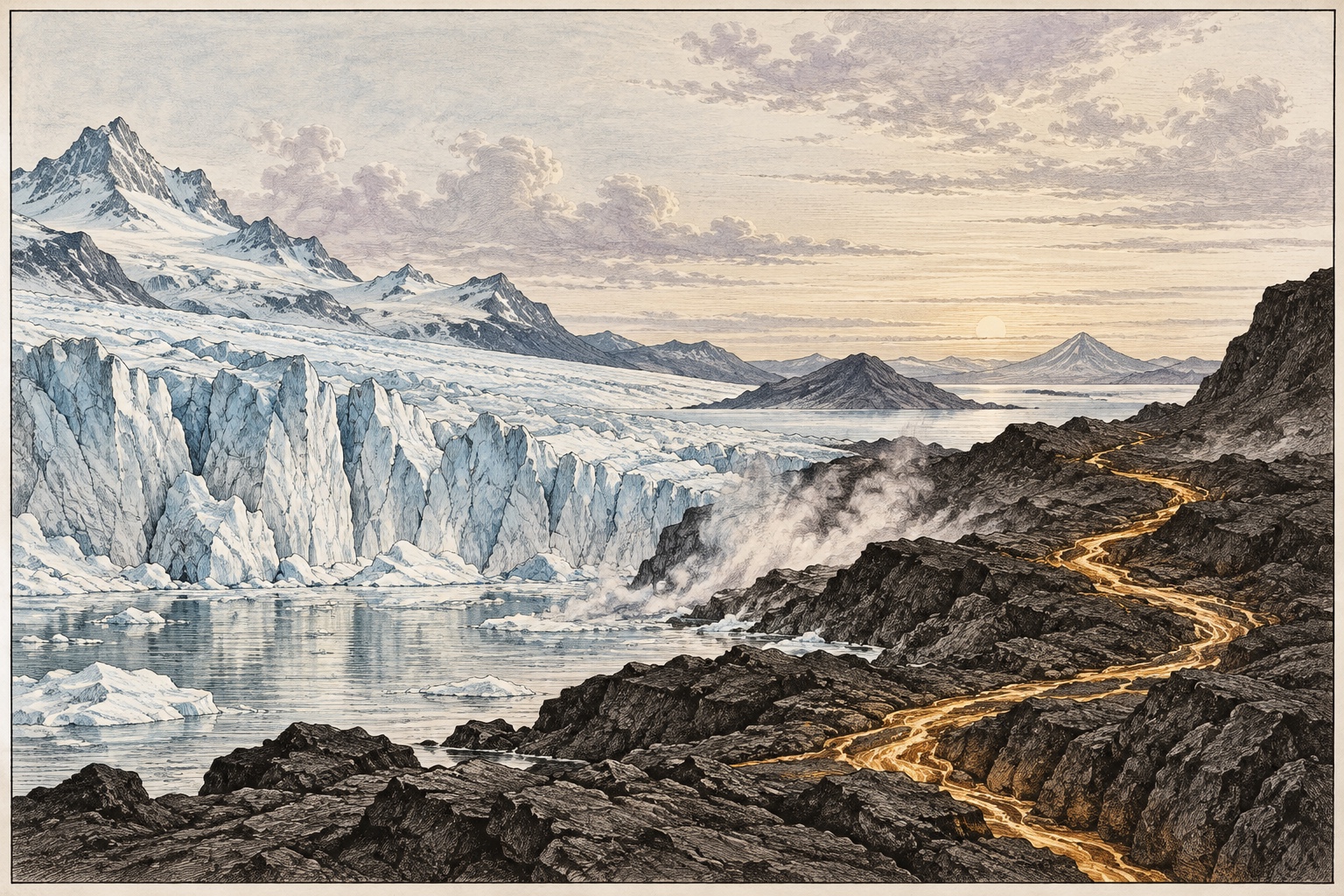 An imagined Icelandic landscape: pale glacial ice meets dark volcanic rock and a narrow seam of fire.