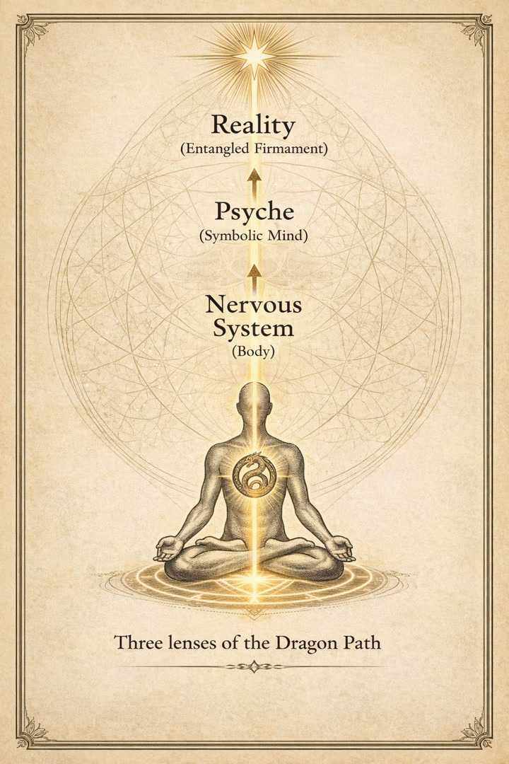 Diagram of a meditating figure aligned with three lenses of the Dragon Path: nervous system, psyche, and reality.