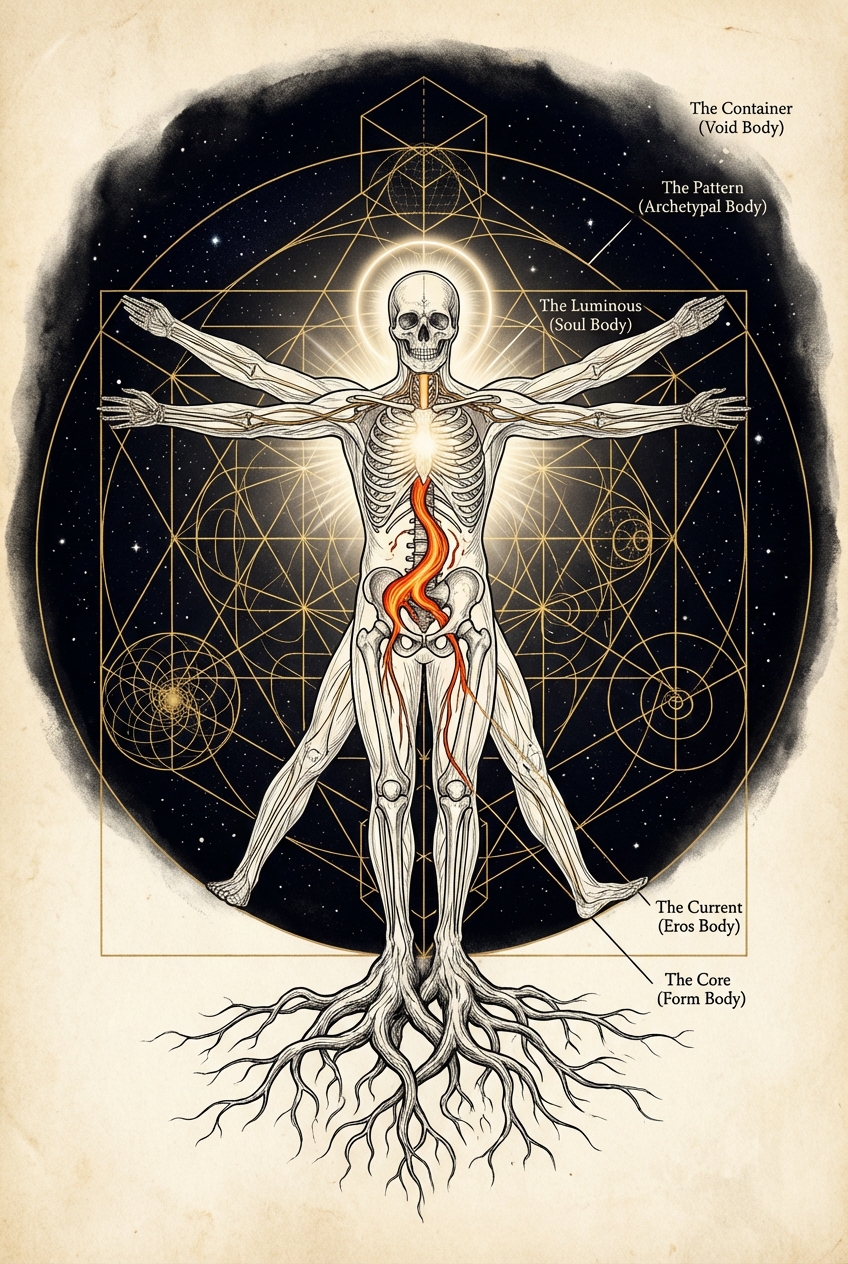 Map of the Five Energetic Bodies—Form, Eros, Soul, Archetypal, and Void—arrayed along a luminous central axis.