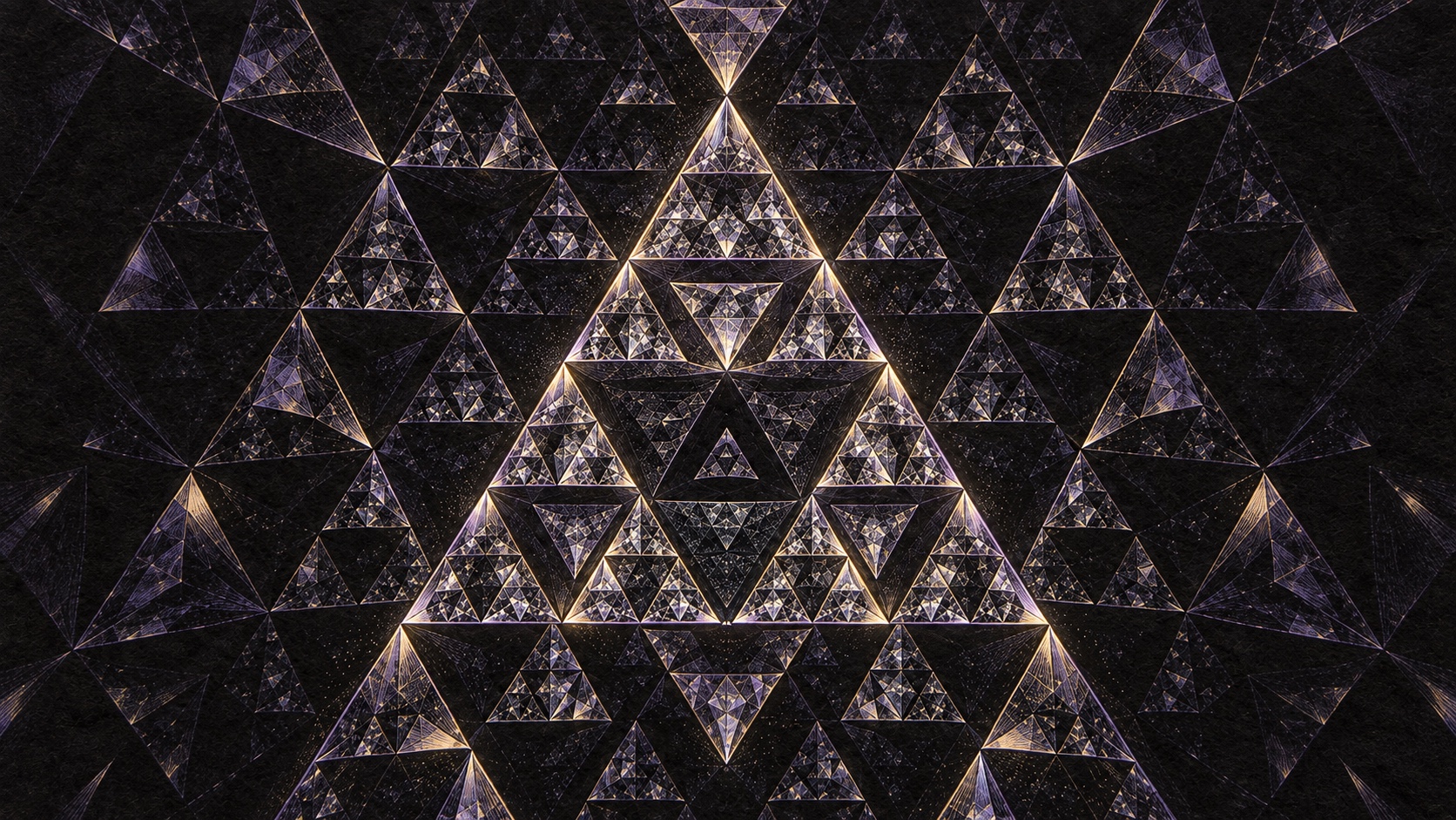 Recursive triangular facets drawn in lavender and pale gold ink on textured black paper, each smaller triangle echoing the larger pattern.
